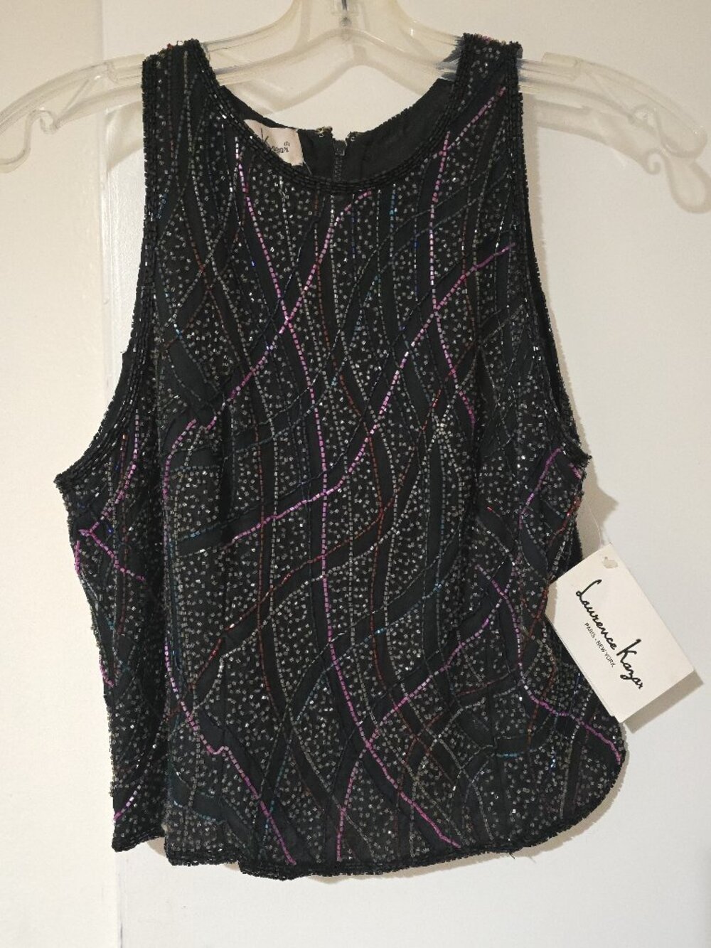Laurence Kazar Beaded Silk Top Womens PL Black Multicolor Sleeveless NWT Vintage